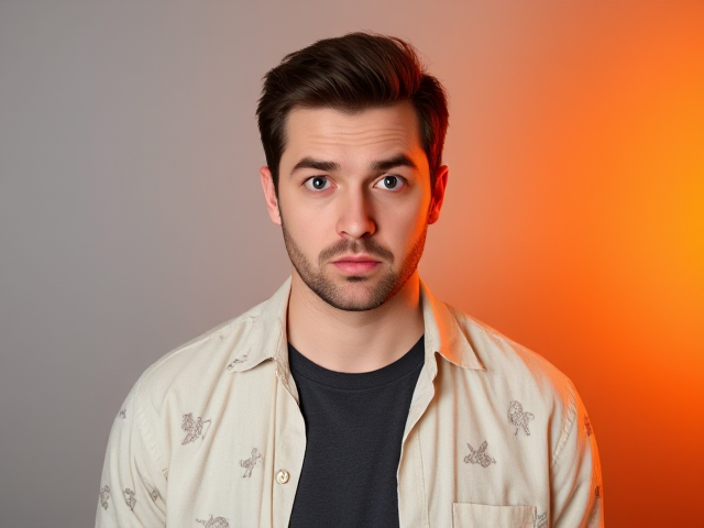 create a man who should have a very disgusted or confused expression—slightly raised eyebrows and an awkward mouth expressions—as he looks directly at the viewer. Style him in a light-colored casual shirt with patterns layered over a dark t-shirt. Add a bright orange glow on the right side of his figure to highlight him as the main subject. Position him slightly larger till the waist complete