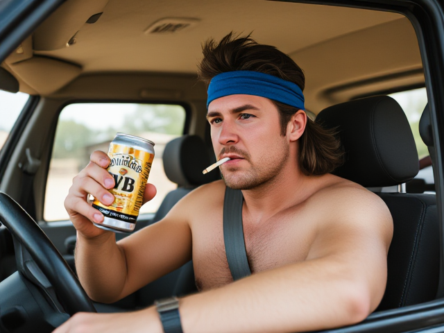 A quintessential Australian bogan male with a blue singlet who has a mullet hairstyle who is driving a four wheel drive with a can of VB beer in his hand and a cigarette in his mouth