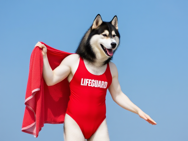 A tall anthropomorphic Siberian husky wearing a red lifeguard one piece swimsuit drying off with a towel