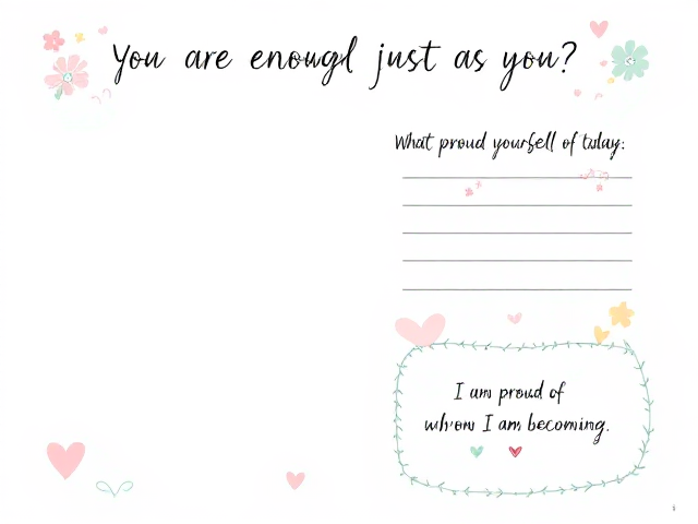 "Design a girls' inspirational journal interior. The layout should feature three key elements on the page:

1. At the top, place a motivational quote: 'You are enough just as you are.' The font should be elegant and handwritten-style. Surround the quote with soft, pastel decorations like flowers, stars, or gentle swirls.
2. In the middle section, include the question: 'What makes you feel proud of yourself today?' Use a bold, easy-to-read font and leave ample space for writing underneath. Add simple, whimsical illustrations such as hearts, butterflies, or doodles to make the area more inviting.
3. At the bottom, have an affirmation: 'I am proud of who I am becoming.' Use a modern script font for this and frame it with subtle border designs like vines, clouds, or soft, curved lines.

The overall color scheme should be calming pastels, such as lavender, blush pink, and mint green, to give the page a soft and inspiring vibe. Keep the design simple but unique, ensuring that it feels warm and motivating for the user."