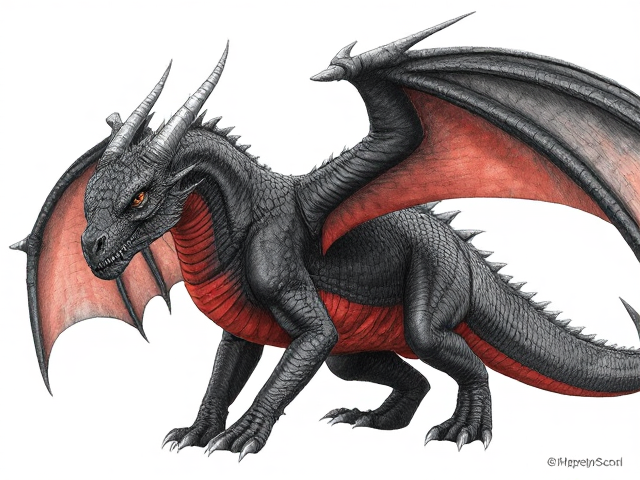 Old Male dragon with ash-black scales, dark midnight-black wings fading into scarlet red; vibrant red underbelly and clawed feet. He has a deep, jagged scar crossing his blind eye down to his nose, alongside numerous battle marks and scratches. His one undamaged eye is a rich brown, reminiscent of a leather saddle. Narrow, scarred face with elongated, fractured horns and an elegantly long neck. A weathered plain silver metal ball that’s bigger than his head, chipped and broken, adorns the end of his tail. Has ears like a horse. Powerfully and dominantly built with taut muscles under his scales, he moves slowly and purposefully, exuding a commanding presence while speaking dramatically and consistently to persuade others