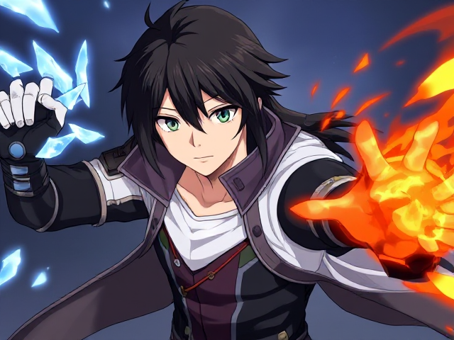 Young adult male with long black hair with futuristic style clothing with special powers with his left arm shooting ice and his right arm shooting fire, his left eye is blue and his right eye is red, anime