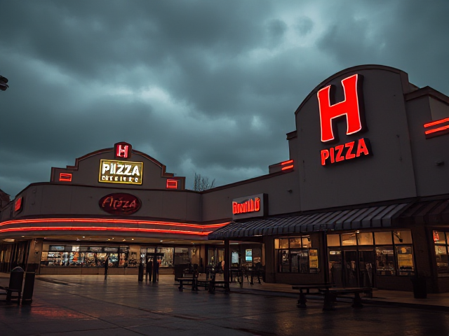 A  big bowling alley next to a large pizza restaurant with an H logo