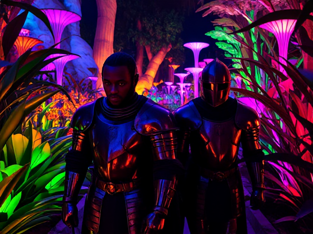 A dark-skinned knight with a helmet on of African descent, clad in ornate armor, walking beside another similar knight with a helmet through a vibrant neon-lit garden, filled with glowing plants and surreal landscapes