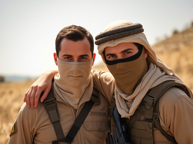 Two men, military clothing, tan, Arab, one with violet eyes and with dark brown eyes, mask covering their face, arm over each others shoulders, sunny and grassy background