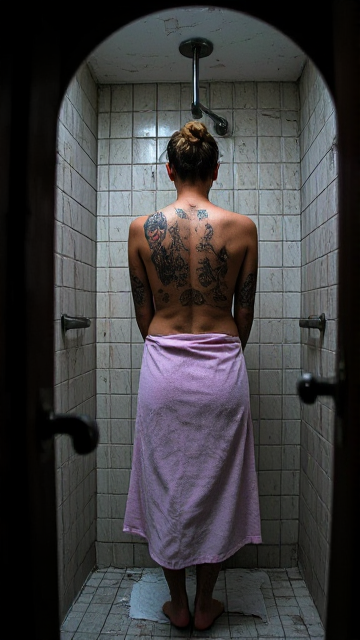 Une scène effrayante tirée d'un film d'horreur se déroule dans la salle de bain d'un hôtel abandonné et délabré, les murs en faïence sont couverts de crasse et abîmés, la peinture se décolle. le point de vue de la scène se trouve derrière la serrure de la porte, comme si le regard d'un prédateur espionne sa future victime. la scène est portée sur le dos d'une femme de 28 ans portant de nombreux tatouages ​​religieux et entourée d'une serviette de bain rose pâle se tenant sous la douche, sa posture exprimant à la fois vulnérabilité et force. Les murs de la douche couverts de crasse et l'état délabré de l'hôtel créent une atmosphère étrange et mystérieuse. Le contraste entre la présence de la femme et l'environnement en ruine ajoute à l'ambiance envoûtante et pleine de suspense de l'image.