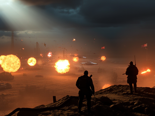 A dramatic action scene from the game Command & Conquer Generals Zero Hour. Where the faction USA is fighting the Faction GLA, and the China faction is overlooking the battle in the distance