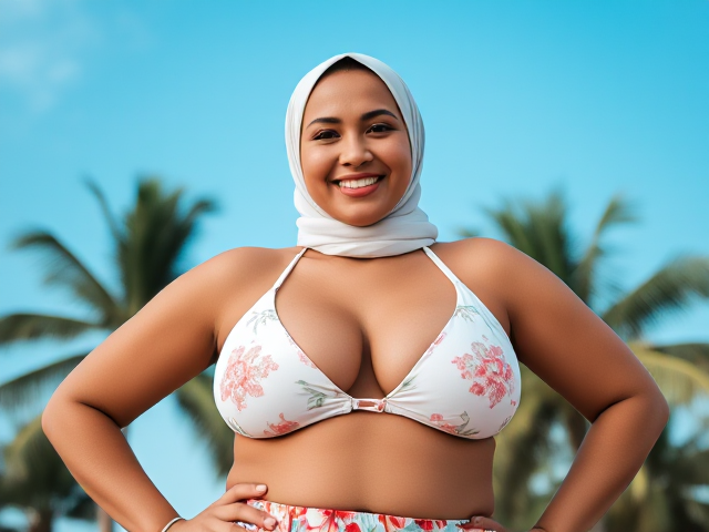 A confident and cheerful curvy older japanese woman wearing a hijab on her head, posing behind a bright blue sky with palm trees. She wears a white floral-patterned bikini top that exposes her curvy cleavage and a exotic underskirt, exuding a warm and relaxed summer vibe. The setting is outdoors, with soft natural light enhancing her vibrant and friendly expression.
