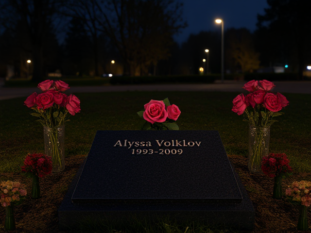 A grave that has the name 'Alyssa Volklov 1993-2009' engraved on it with roses in vases surrounding it at night