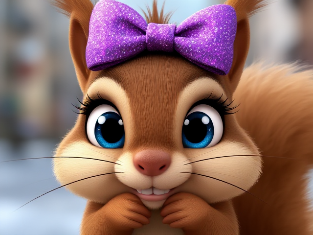 A repulsively cute cartoon squirrel with very huge, glistening watery blue eyes and long, thick eyelashes, wearing a sparkly purple bow on its head. The squirrel has its paws tucked under its chin, with its head cocked slightly to the side. It has soft brown fur and two large front teeth. The background is set in Minneapolis, MN.