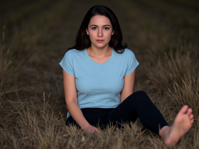 Woman with dark brown hair wearing a light blue t shirt and black yoga pants lying  eyes blank on the floor in a dark field
