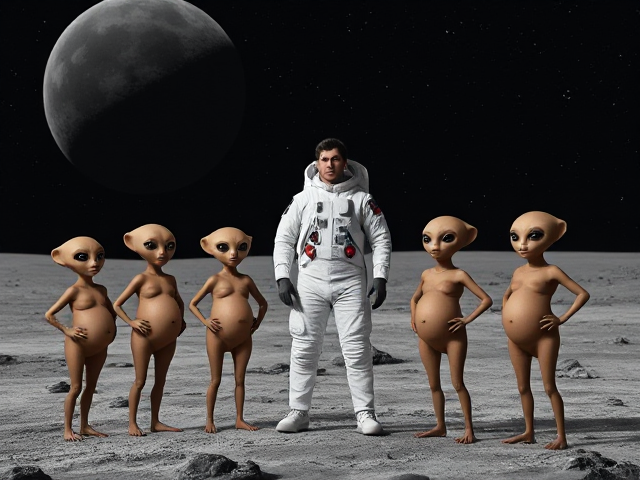 A group of Small, pregnant female aliens with annoyed expressions, hands on their hips, looking up at a tall astronaut man standing in front of them. The tall man is looking down at her, set on the moon with alien eggs visible