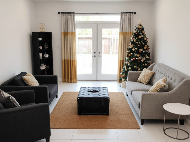 a small enclosed step down living room, absolutely no windows, just white walls on both sides, only one white double french door facing me with space on both sides of the door, french doors lead to backyard, white tiles, 3 sitting furniture (2 charcoal grey furniture, and 1 really high back light gray love seat with rhinestones that seats two persons), tan area rug and 3x5ft black bookshelf flush against the left wall in the corner, absolutely no furniture in front of the french doors or bookshelf, two white round end tables with black metal legs,  just ONE big black and gold christmas tree and gold and white ombre curtains on the french doors, black trunk in the center of the rug