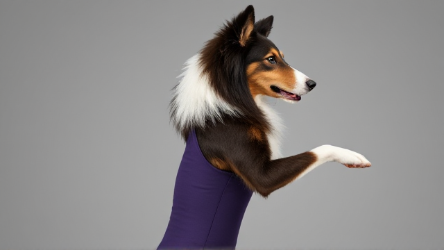 Anthropomorphic rough collie wearing a stylish leotard, detailed fur texture, graceful pose, vivid colors