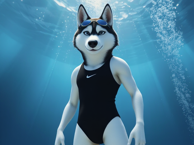 A tall and lean anthropomorphic Siberian husky with a long torso and broad shoulders, wearing a black Nike one piece swimsuit and swimming goggles, underwater