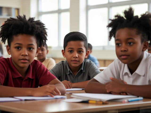 Des élèves afro américains âgés de huit ans assis dans une salle de classe lumineuse, concentrés sur un devoir, avec des bureaux et du matériel scolaire visible autour d'eux, lumière naturelle entrant par les fenêtres
