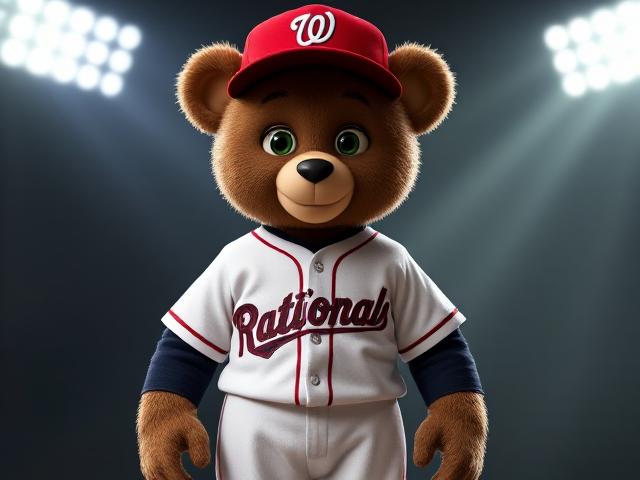 A thin human teddy bear 5 feet 5 inches tall dark creme fur green eyes wearing a nationals uniform red hat white jersey with bats written across the front in navy and red white baseball pants with red and navy piping down the sides red baseball socks navy and red baseball cleats smiling