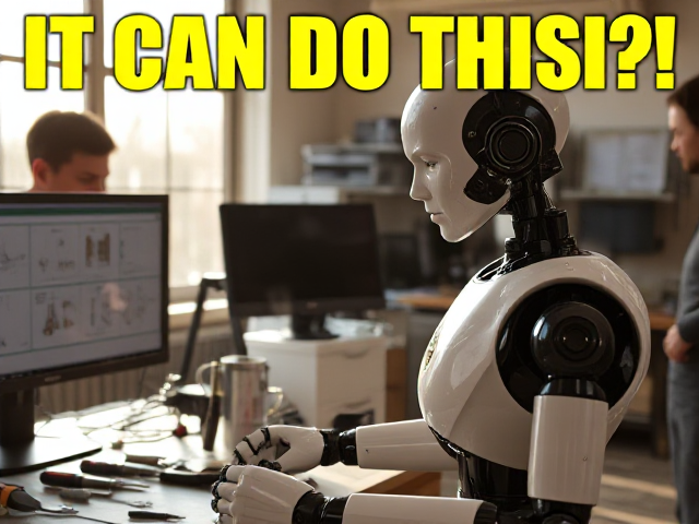 Ultra-realistic scene of a humanoid robot standing in a bright, modern workshop that looks like a mix between a home garage and a small tech lab. The robot is learning from a human engineer — the engineer is showing it how to assemble a smaller robot head on a workbench filled with realistic tools, wires, and parts. In the background, another monitor shows technical diagrams. Warm morning sunlight streams in through large windows, casting natural shadows. The robot’s face is expressive but subtle, with lifelike synthetic skin over mechanical features. Depth of field focuses on the interaction between human and robot, with everything else softly blurred for cinematic effect. Overlaid large, bold text in the top-left corner saying: “IT CAN DO THIS?!” in bright yellow with a thick black outline, positioned so it doesn’t block key details. The style is natural, documentary photography with high detail and vibrant, true-to-life colors.