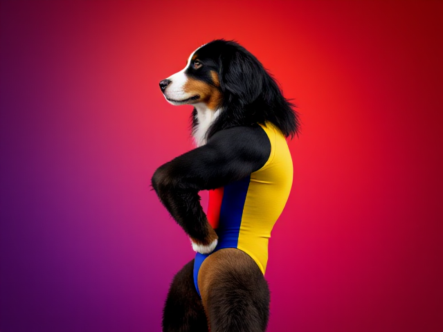 Bernese mountain dog with strong hips, wearing a colorful gymnastics leotard, in an athletic pose, vibrant background
