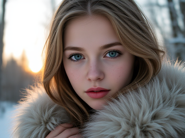 Vikikng, pale petite teen girl, light green eyes, sandy brown hair, freckles, in a snowy forest wearing furs