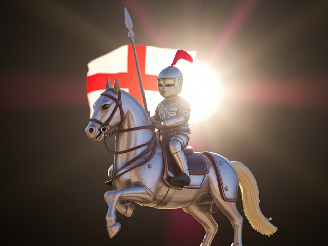 Patriotic epic English knight riding a silver armored stallion with over exaggerated mussels. Flag of St. George