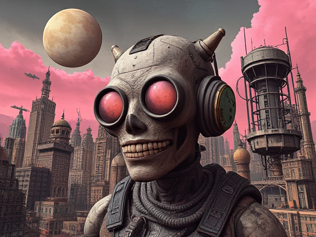 “A collage of a post-apocalyptic world in Smokey Gray and Dusty pink colors, dadaism, volumetric lighting