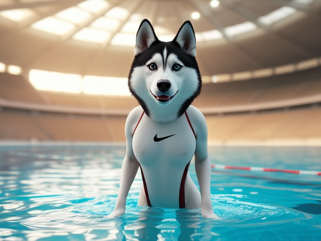 A tall anthropomorphic Siberian husky with a long torso and broad shoulders, wearing a high cut Nike one piece swimsuit while swimming in a Olympic sized pool