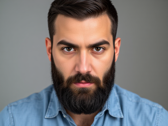 Add a so serious-looking man with serious eyebrows positioned at the center of the image. shows complete man  image . He should have short, neatly trimmed dark hair and a full beard, with a focused expression that conveys determination and intensity. His facial features should be well-defined, with soft lighting creating highlights on his cheekbones, forehead, and nose. Ensure his skin tone looks natural with realistic shading. The man should wear a light blue denim shirt with visible creases for a casual yet professional look. Add a slight glow or outline around him to separate him from the background and make him the focal point.