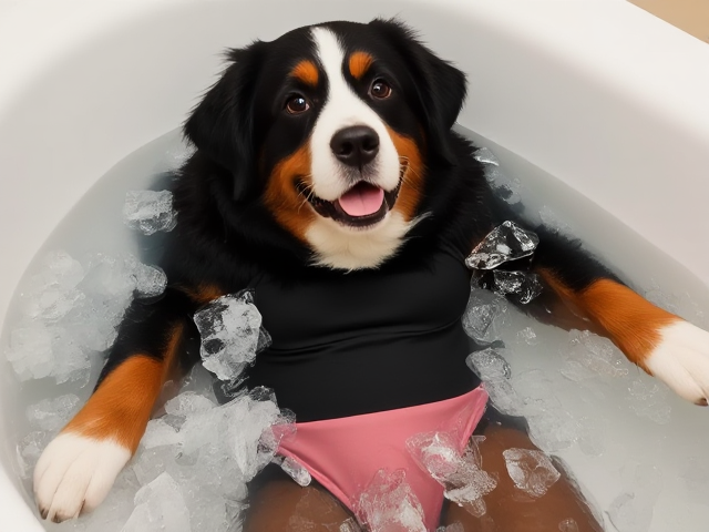 A anthropomorphic Bernese mountain dog wearing a gymnastics leotard submerged in a bathtub full of ice