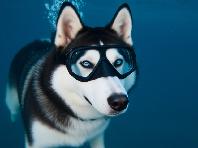 A solidly built Siberian Husky wearing Freediving goggles underwater