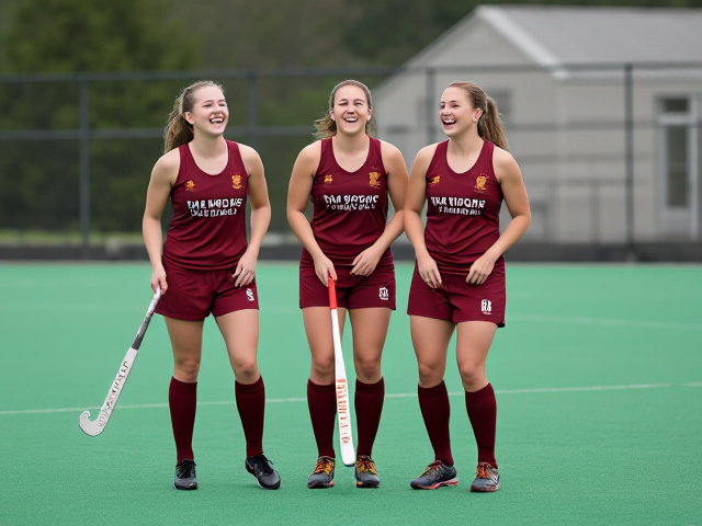 3 beautiful adult women field hockey players with great calf muscles in burgundy uniforms howling in hysterical laughter on a playing field