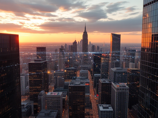 Edge Computing in a Futuristic Cityscape: A network of glowing data nodes interconnected across sleek skyscrapers, symbolizing seamless and efficient communication; the skyline is illuminated with warm hues of sunrise, reflecting hope and innovation. The style is hyper-realistic with intricate details, showing reflections on the glass buildings. The camera angle is a wide panoramic shot from a slightly elevated position, capturing the entire city in its innovative glory. The lighting is soft and inviting, with beams of light highlighting each data node and creating an optimistic atmosphere.
