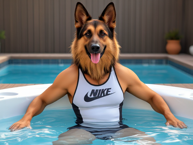 A tall and lean anthropomorphic long haired German shepherd with a long torso and broad shoulders wearing a high cut Nike one piece swimsuit and swimming goggles while sitting in a hot tub