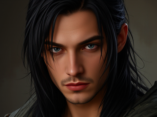 Generate an image/portrait of my a warhammer rpg character. He is a human, 25 years old, has long, black, bit greasy slicked back hair with a bit of unkept look. His eyes are pale grey. He is a hunter.