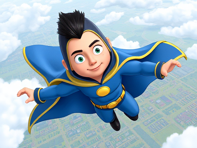 2D Modern Cartoon scene: A preteen 12-year old boy with light skin and freckles on his cheeks named Kyle Lipton, but transformed into a superhero named Dr. Dimensionpants, who, despite still being a kid, has an extremely muscular body. He wears a tight blue hood outlined by a yellow line that covers the back half of his head and leaves his ears exposed, with a smooth, slicked back black mohawk on top. He also wears a sleek blue bodysuit outlined with yellow lines on the cuffs of the sleeves and pants, a golden belt with a circular buckle, black boots, and a really big, heel-length long, ultra-wide blue cape with a really big collar outlined with yellow lines wreathed around his neck held up by a golden button. The pupils in his eyes are green, and he has a long black twin moustache, which help protect his true identity in this form. He also has incredible, invincible, and cosmic superpowers flowing through his veins. He is currently flying through the sky at high speed high above Ganderville, the city he protects, searching for trouble, his cape billowing majestically.