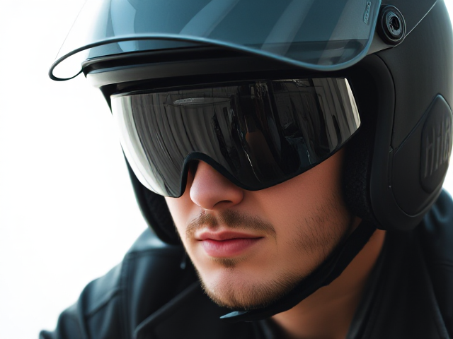 Tinted visor, down, biker with helmet on, male