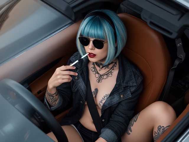 Young nymph Goth girl, 25 years, dark makeup, black lipstick, blue silver short hair with bangs, driving a hypercar with brown leather interior, cigarette in mouth, sunglasses aviator, ripped open black grey denim jacket, shorts, neck to belly tattoo, arm and leg tattoos.