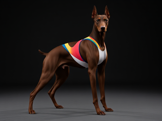 Anthropomorphic Doberman wearing a sleek and colorful gymnastics leotard, standing in an elegant gymnastics pose, showcasing muscular build and agility, with expressive canine facial features