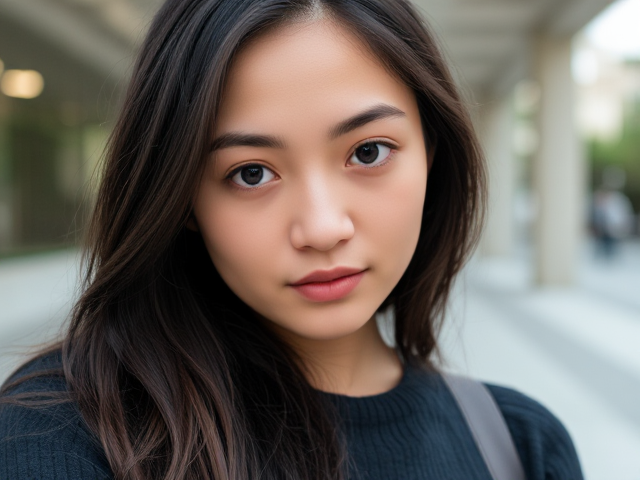 A lithe casually-dressed dark-haired college girl with large eyes
