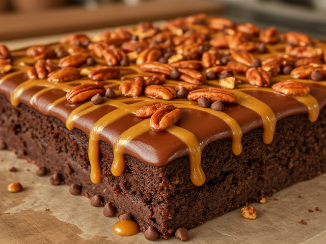 Make a high-resolution photo of a sumptuous chocolate dessert recipe that will wow your friends and family. Capture the essence of this Texas Turtle Sheet Cake: a rich, indulgent treat featuring layers of moist, dark chocolate cake topped with glossy, luscious frosting. Highlight the contrast of crunchy roasted pecans, generous drizzles of gooey golden caramel, and scattered sweet chocolate chips glistening in the light. Set in an inviting kitchen setting with warm lighting to enhance its decadent appeal for any occasion, from festive birthday parties to friendly potlucks