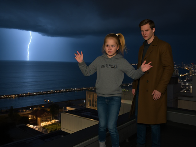 A petite 13-year-old girl with strawberry blonde hair in a ponytail, wearing a hooded pullover and jeans, is stepping onto the roof ledge of a night club.  behind her, is a modern-day, pale skinned vampire in his late twenties, with blonde hair, dressed in a brown trench coat and jeans. He appears uneasy as he looks at her. The girl gestures angrily at him, flailing her arms. A thunderstorm approaches the cityscape from the sea shore. Set at night.