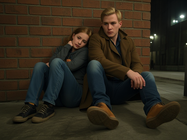 a petite, 13-year-old girl with strawberry blonde hair, wearing jeans and a hooded pullover, sits slumped with her back against a brick wall, feet forward, legs outstretched. Next to her sits a modern-day male vampire, 28 years old, with pale skin and blonde hair, dressed in jeans and a brown trenchcoat. The vampire is slumped against the wall as well, feet forwards, legs outstretched. The girl has a forlorn look and rests her head on the vampire's shoulder. Set at night in an abandoned warehouse, in a holding room with no windows. The vampire is roughed up from a fight. Both have their backs against the wall. 
The vampire looks straight ahead, worried.. they're in a locked room. Seen through a window in the door.