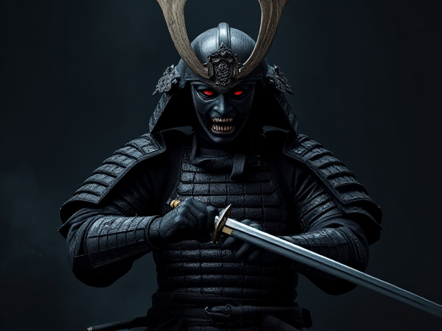 A dark, menacing samurai warrior in full battle armor stands ready, gripping his katana with both hands. His helmet has long, flowing hair and sharp, angular horns. The samurai’s face is hidden behind a fearsome mask with glowing red eyes. The background is shadowy and atmospheric, creating an ominous and intense mood. The image should be stylized in dark, gritty tones, with a focus on the samurai's details, including worn armor and the menacing aura around him.