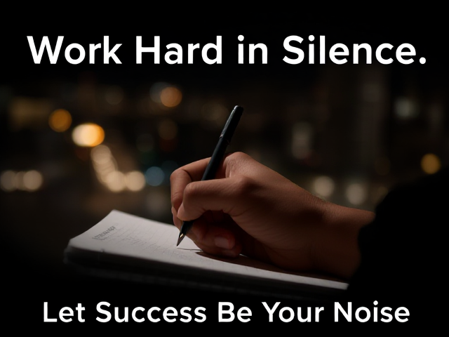 A high-contrast thumbnail featuring a close-up of a person's hand writing in a notebook, with only the hand and notebook in focus. The background fades into a blurred cityscape at night, symbolizing dreams and success in the distance. The main text, 'Work Hard in Silence,' appears in bold white letters along the top, while below it in smaller font reads, 'Let Success Be Your Noise.' A subtle spotlight effect on the hand and notebook highlights the act of working in silence, while the surrounding darkness conveys determination and solitude. The overall color palette is a mix of deep blacks, soft whites, and a touch of warm yellow from a distant streetlight."