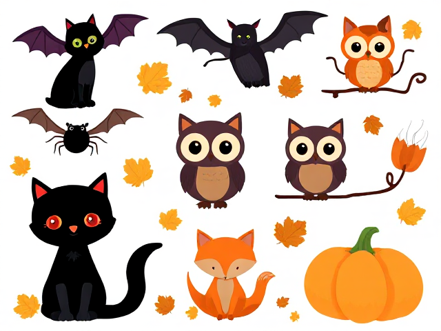 Cartoon clipart of bats, cats, spiders, owls, foxes, leaves, and pumpkins