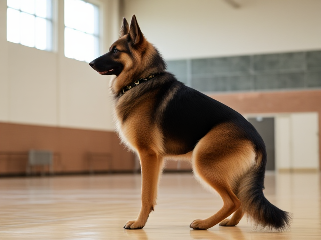 A anthropomorphic long haired German shepherd with strong hips wearing a gymnastics leotard in a gymnasium