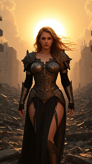 A surreal and sensual scene of a mysterious woman in ornate armor, standing amidst the destruction of a once-vibrant city. The sun casts a golden glow on the scene, highlighting the woman's beauty and the remnants of life around her. The armor has intricate designs, and her hair flows in the wind like an ethereal cloud. A fantastical, almost dream-like atmosphere envelops the scene, with the sense of life and destruction coexisting in a delicate balance.