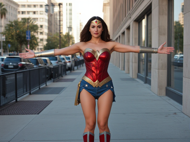 Wonder woman standing on a sidewalk, her arms stretched our as far as she can reach