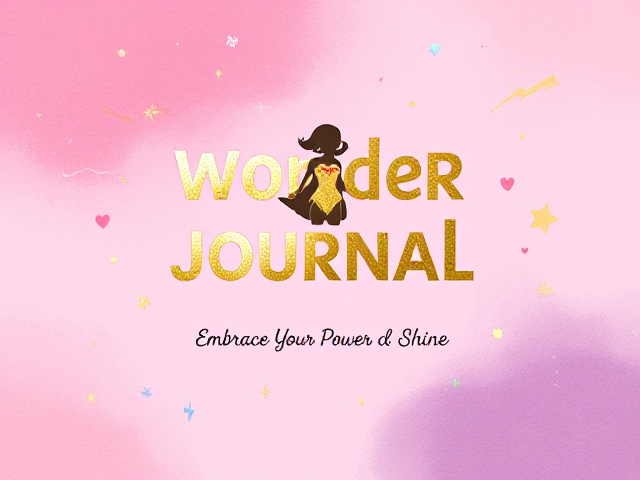 Background: A vibrant gradient background transitioning from soft pink to purple, evoking a sense of energy and inspiration.

Title: The title “Wonder Woman Journal” should be prominently displayed at the center in a bold, playful font. Use a gold foil finish to make it stand out and catch the eye.

Illustrations: Incorporate whimsical illustrations around the title. These could include:

A silhouette of a girl in a superhero pose, possibly wearing a cape.
Stars, hearts, and lightning bolts scattered around the edges to symbolize empowerment and creativity.
Subtitle: Beneath the title, include the subtitle “Embrace Your Power and Shine” in a smaller, elegant font. This could also have a gold accent to maintain the cohesive look.

Textures: Add a subtle texture to the background to create depth, such as a soft watercolor effect or light sparkles that catch the light.

Color Accents: Use additional colors like mint green or soft yellow for the illustrations to create a playful yet harmonious color scheme.

Personal Touch: Include a small space at the bottom corner where girls can write their name or a personal motto, framed with a decorative border.
