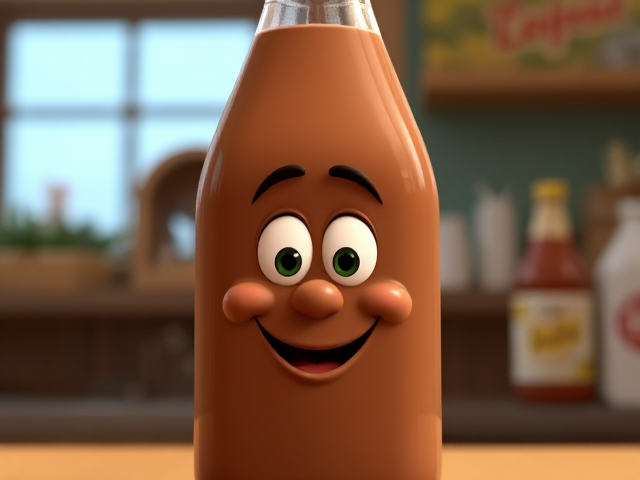 Chocolate Milk in bottle with a face disney pixar cartoon.